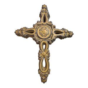 Vintage Ornate Gold & Bronze Wall Cross Large Design Decorative Hanging Accent